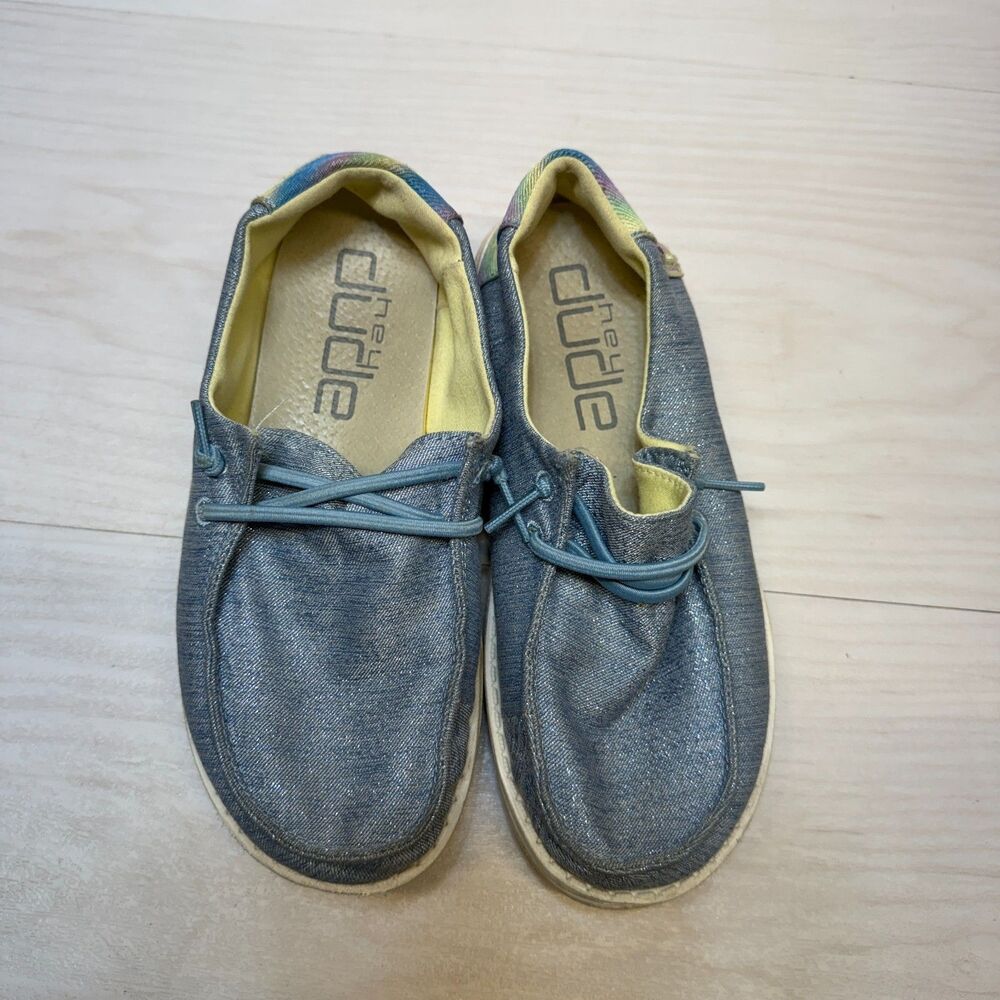 Hey Dude Wendy Sparkling Denim Shoes Youth Girls Size 3 Slip On Walking Comfort - Picture 6 of 8